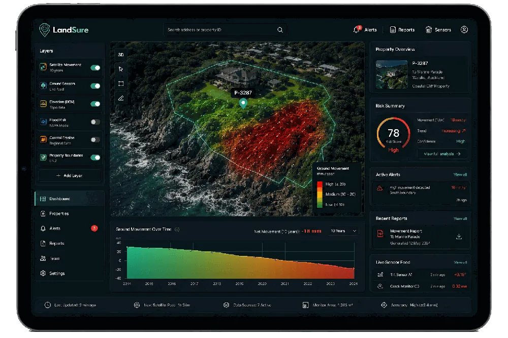 LandSure monitoring dashboard shown on an iPad