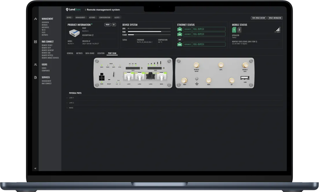 LandSure dashboard on a laptop showing device status, connection and port detail