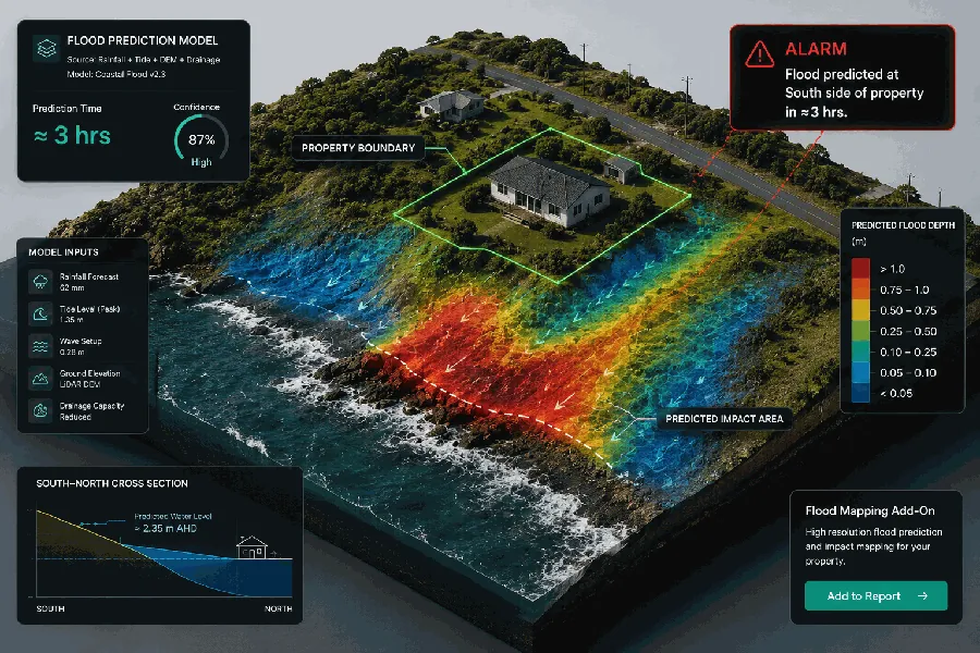 LandSure coastal flood prediction dashboard showing predicted flood depth and alarm