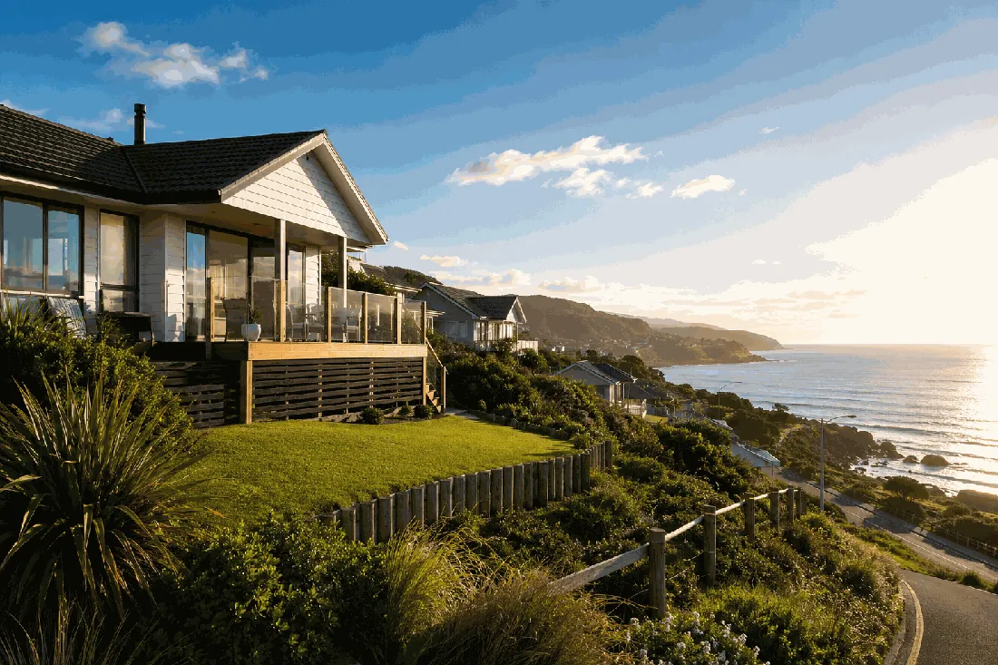 Coastal home at sunset
